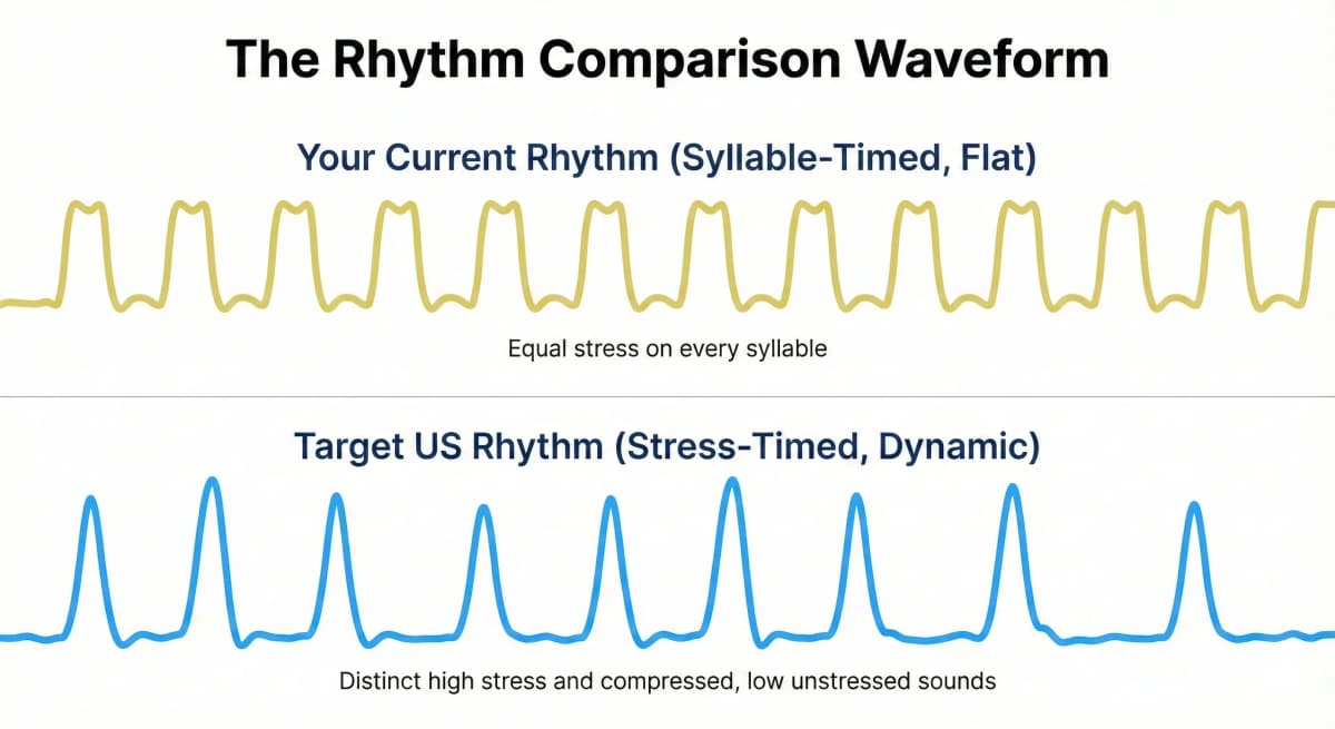 Waveform comparison showing the flat rhythm of Indian English versus the bouncy, dynamic rhythm of US English