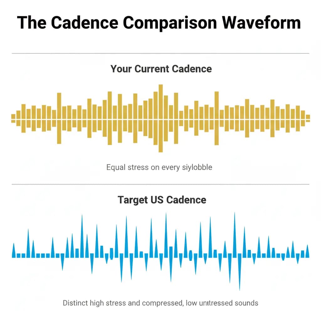 Waveform comparison showing the flat cadence of Indian English versus the bouncy, dynamic cadence of US English